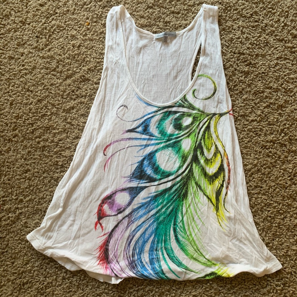 Flowy tank with multi color feather graphic